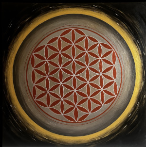 Fleur de Vie rouge et dorée sur fond noir