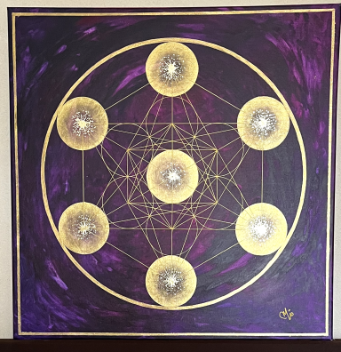 Symbole géométrique avec des cercles dorés sur fond violet, représentant des motifs spirituels.