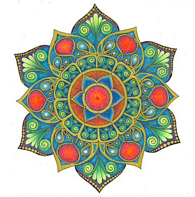 Mandalas colorés en bleu, vert et rouge, avec des motifs floraux complexes.