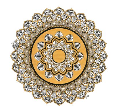 Mandala décor en or et argent avec motifs floraux et pierres précieuses.