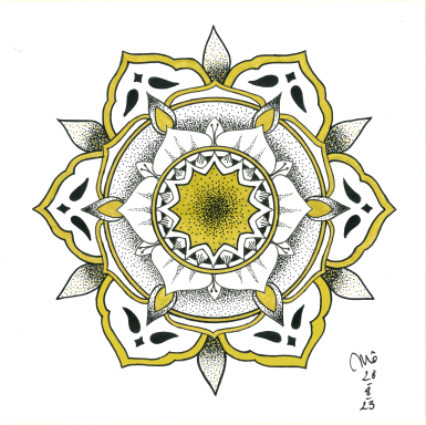 Mandalas colorée avec des motifs floraux et des teintes jaunes et noires.