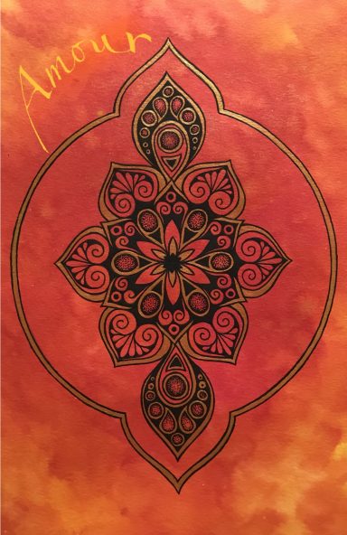 Design coloré en orange avec un motif central orné et le mot "Amour".