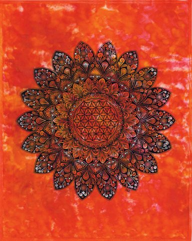 Motif en mandala coloré sur fond orange vif, avec des détails floraux complexes.