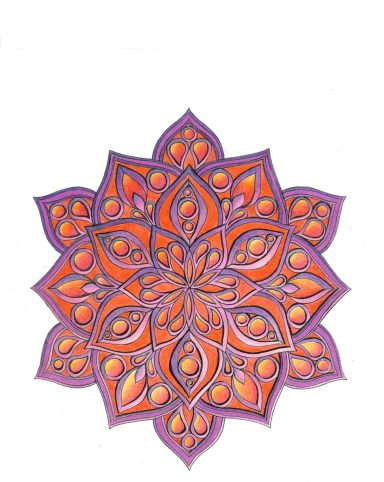 Motif mandala coloré avec des pétales orange et violet, disposé en étoile symétrique.