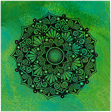 Mandala complexe avec des motifs floraux et des détails en dégradé de vert.